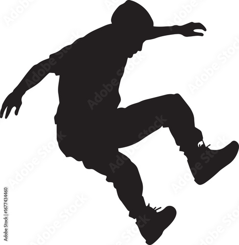 Parkour A person performing acrobatic movements like flips, jumps, and rolls, navigating urban obstacles. full length silhouette black vector illustration