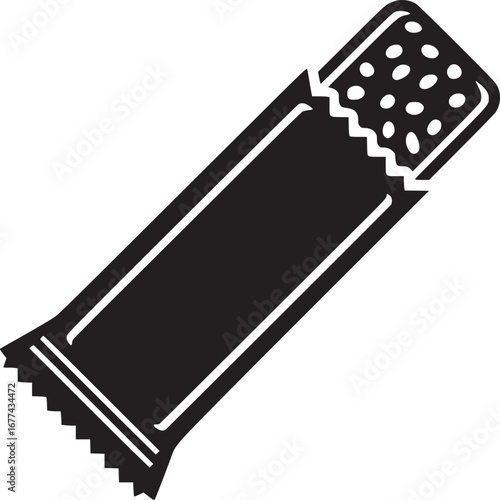 A black and white graphic of a chocolate bar with a wrapper partially opened revealing the treat