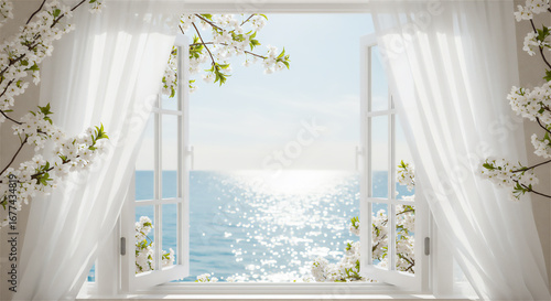 窓辺から眺める海と桜の花の風景