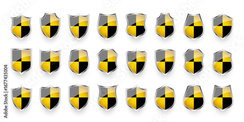 Glossy shields with yellow and black pattern. Security and protection concept. Cyber safety icons, internet privacy, web defense, digital data protection and antivirus themes. Vector illustration