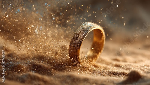 A gold band ring partially submerged in glittering, golden sand, with a spray of golden dust exploding around it