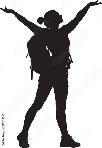 Stretching After Hiking A person stretching their arms or legs, recovering from a long hike with a backpack. full length silhouette black vector illustration