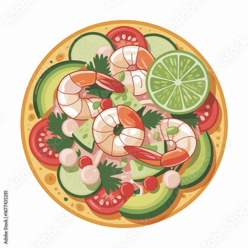 Shrimp Ceviche Tostada with Avocado Illustration