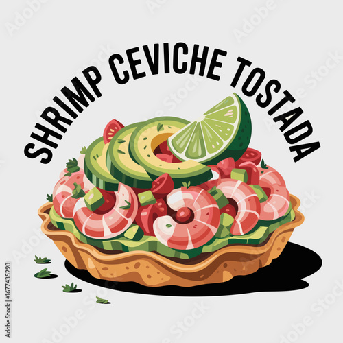 Shrimp Ceviche Tostada with Avocado Illustration