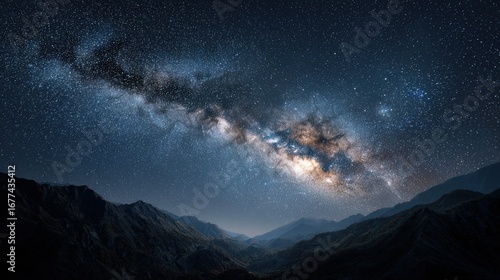 Majestic Milky Way stretches across a night sky above a mountain range, showcasing a breathtaking celestial display.