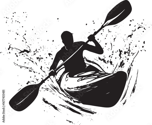 Kayak Spin Person performing a 360-degree spin with rapid strokes. full length silhouette black vector illustration