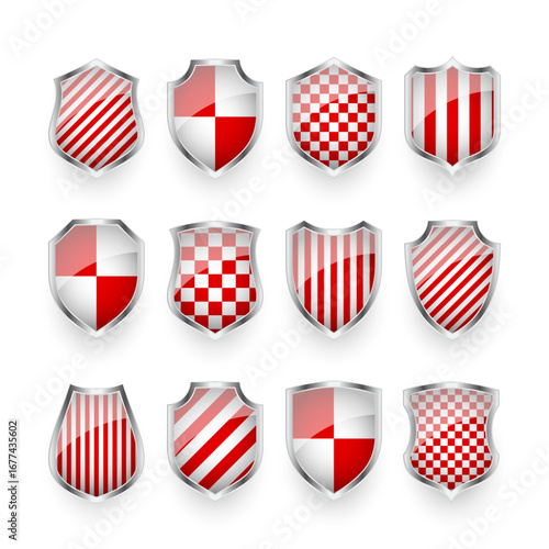 Glossy shields with red and black white. Security and protection concept. Cyber safety icons, internet privacy, web defense, digital data protection and antivirus themes. Vector illustration