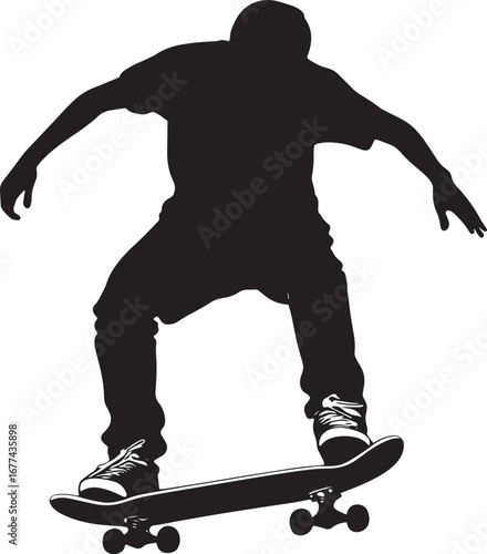 Individual adopting a riding posture, using one foot to propel the skateboard ahead. Complete silhouette in black vector illustration.