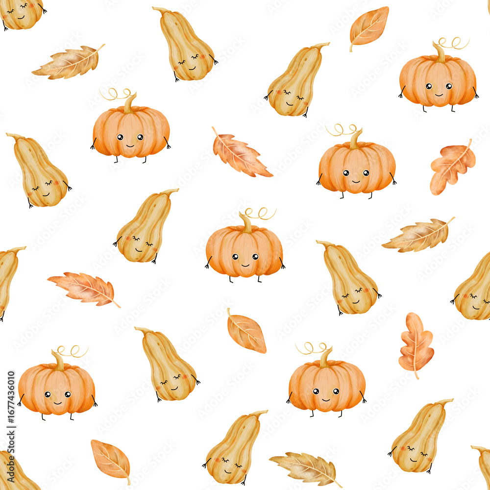 Fototapeta premium Seamless halloween pattern with cute watercolor pumpkins and leaves on transparent. Autumn harvest design perfect for fabric, textile, wrapping paper, wallpaper, stationery, scrapbooking, decoration