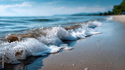 Frothy waves gently lap the shore, creating a tranquil beach scene.