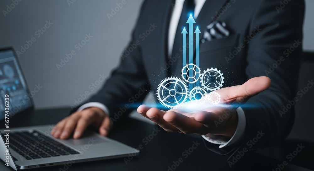 Naklejka premium Business professional showcasing futuristic digital interface with gears and data streams on palm