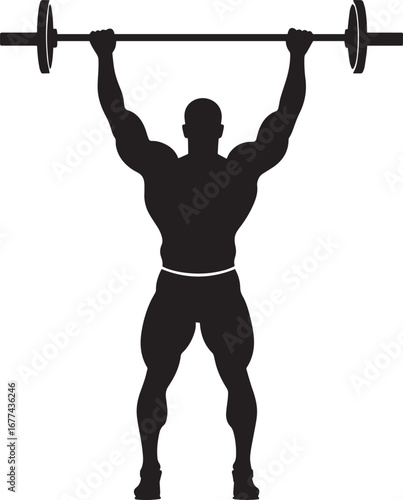 A lifter holding a barbell overhead with arms extended, bending at the elbows to lower the bar behind the head. full length silhouette black vector illustration