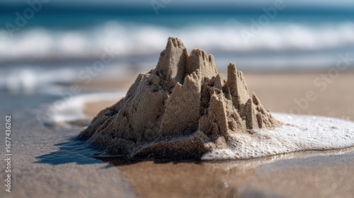A detailed close-up view of a meticulously crafted sandcastle, partially submerged by gentle waves, on a sandy beach.