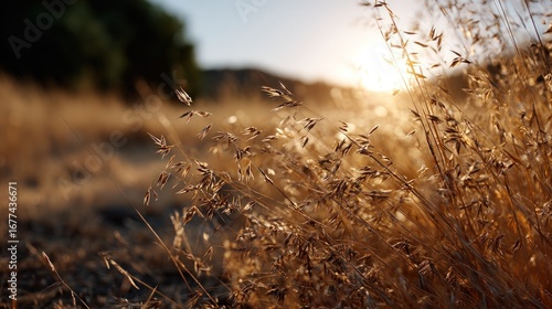 Golden grass stalks sway gently in the warm evening light, bathed in the soft glow of the setting sun.