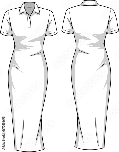 Polo Collar Bodycon Dress Flat Sketch Front and Back View for Fashion Design, Technical Garment Drawing, and Vector Illustration Template