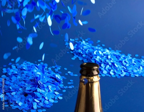 Blue confetti falling around a champagne bottle