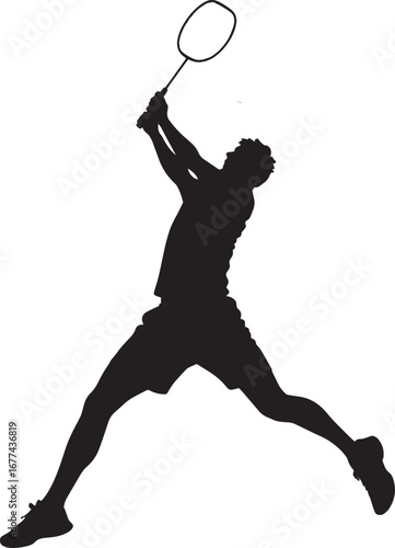 A badminton player leaping forward or sideways, reaching for a shuttlecock out of reach. full length silhouette black vector illustration