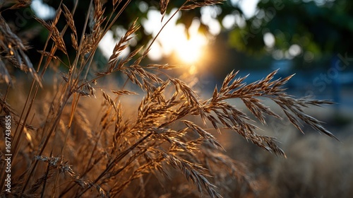 Golden sunlight filters through tall grasses, illuminating their intricate details at sunset.