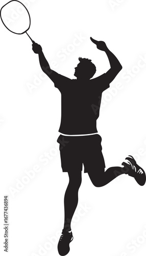 A badminton player in mid-air, hitting the shuttlecock with a downward, forceful strike. full length silhouette black vector illustration