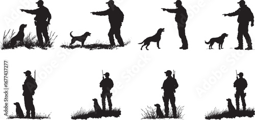 A hunter pointing forward, sending the dog to track prey. full length silhouette black vector illustration
