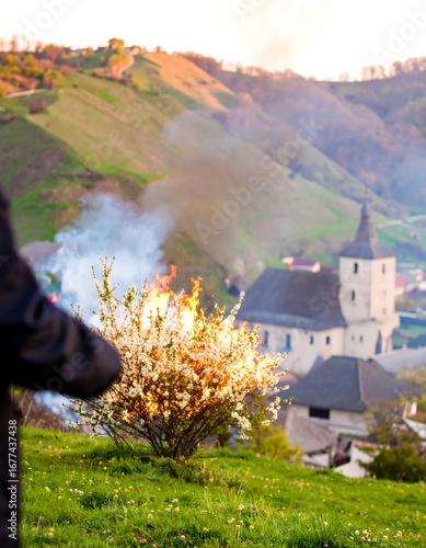 Blooming bush ablaze on a hillside overlooking a village