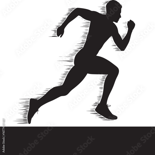 Silhouette of a runner in motion against a white background with speed lines and black base border