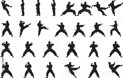 One knee on the ground, arms ready to strike or block. full length silhouette black vector illustration