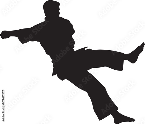 An individual in mid-flight, executing a strong kick with one leg outstretched. Full-length silhouette black vector illustration.