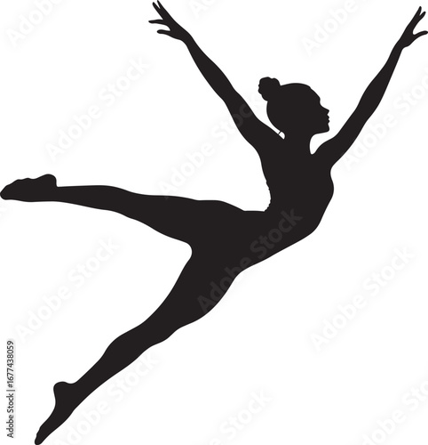 A silhouette of a gymnast in flight, legs apart in a perfect split, showcasing flexibility and grace. Full-length silhouette black vector illustration.