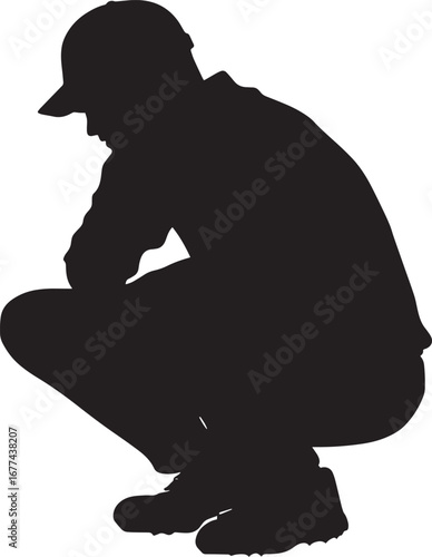 A player crouched low, hands open wide, with eyes focused intently on the ball. Full-length silhouette black vector illustration.