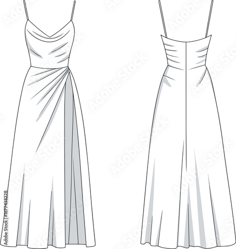 Elegant Spaghetti Strap Cowl Neck Evening Dress Fashion Flat Sketch Front and Back View for Apparel Design Illustration