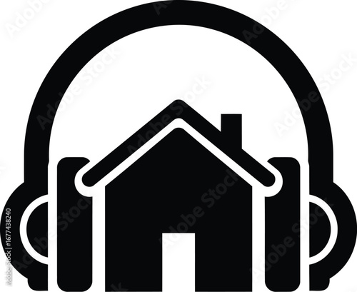 Vector art of house with headphones for music and audio entertainment