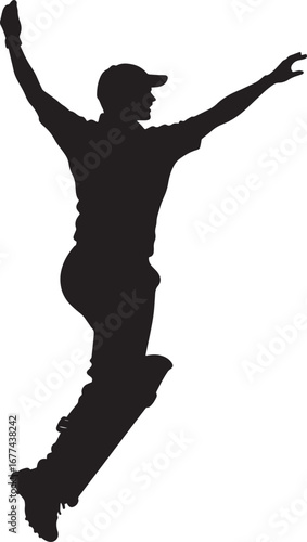 A bowler mid-air, body arched, arm high before release. full length silhouette black vector illustration