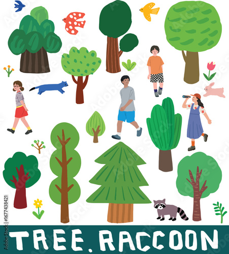 나무와 숲, 동물, 사람을 직접 그린 일러스트