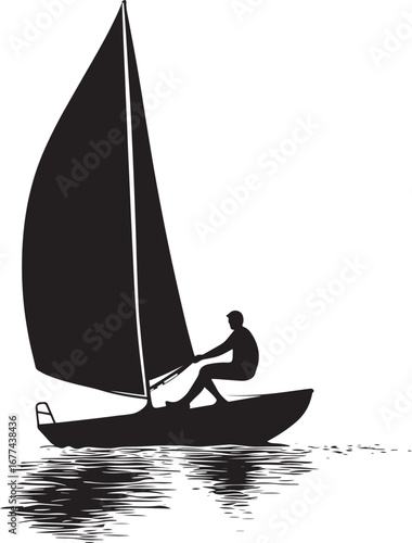 Sailing Tacking Maneuver Person shifting sides, adjusting sail, black silhouette vector.