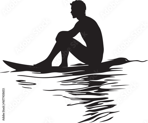 Sitting on Surfboard A surfer sitting on the board, legs dangling in the water, looking at the waves. full length silhouette black vector illustration