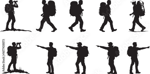Hiker Carrying a Backpack A person walking with a large backpack, slightly tilted forward. full length silhouette black vector illustration