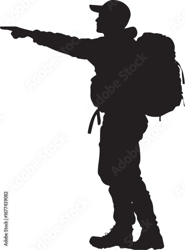 Trailblazing Hiker Person with arm outstretched, indicating direction to others, silhouette.