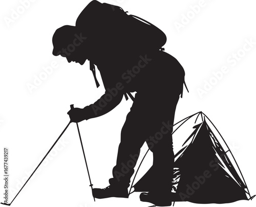 Hiker Setting Up Tent A person bending down, securing tent stakes or poles. full length silhouette black vector illustration