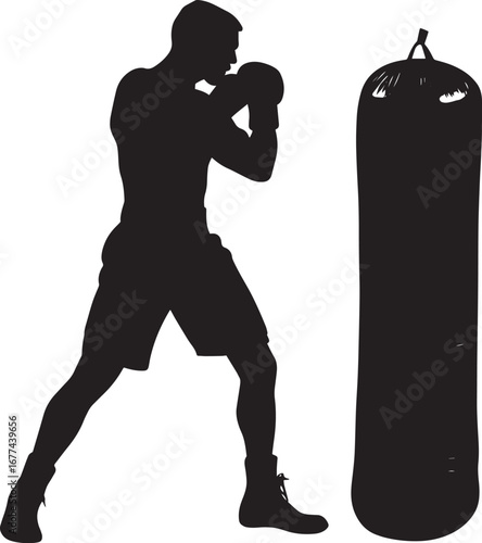 Heavy Bag Strike Boxer hitting a bag with full force, silhouette illustration.