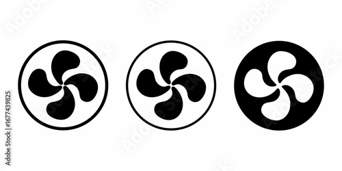 Three circular fan symbols with black blades and white backgrounds or vice versa