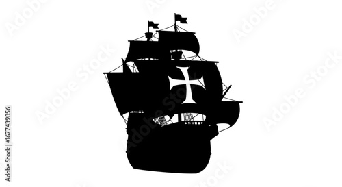 Iconic silhouette of a historic caravel sailing ship with a prominent cross on its sail