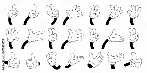 Collection of cartoon hands in white gloves showing different gestures and counting numbers