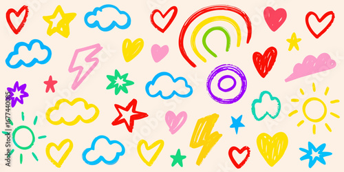 Collection of colorful hand drawn doodles including hearts stars clouds sun lightning bolts and rainbows on a light background