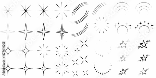 Collection of hand drawn starbursts sparkles shooting stars and motion lines on a white background