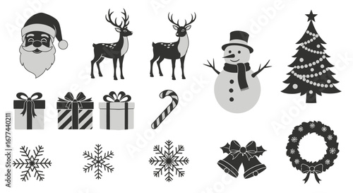 Christmas elements in black and white Santa, reindeer, snowman, gifts, snowflakes, candy cane, bells, wreath, and tree