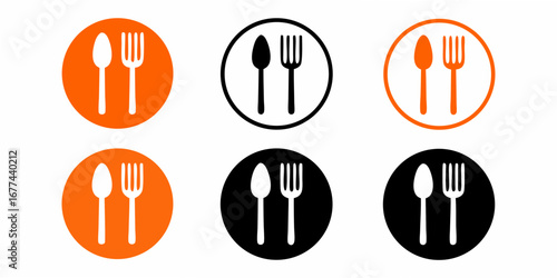 Set of six modern icons representing dining with spoon and fork symbols in orange and black colors