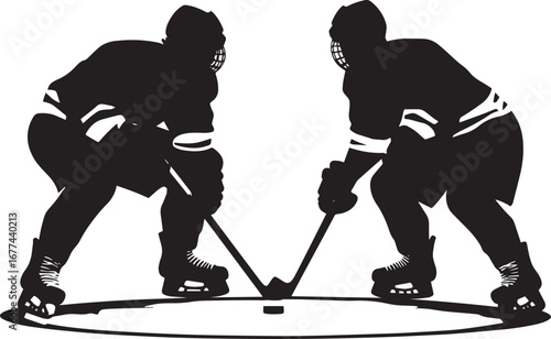 Hockey Faceoff Two players poised in the circle, ready to win the puck drop, black silhouette.