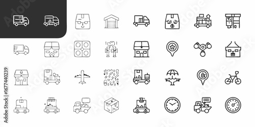 Collection of hand drawn icons representing logistics delivery services and transportation methods
