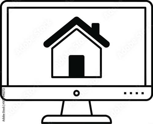 Vector art of house on a computer screen, representing online real estate listings and property search